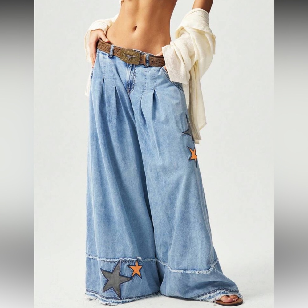 NWOT Bohemela Acid Wash Wide Leg Pants With Star Patch Details Size L - Picture 4 of 15